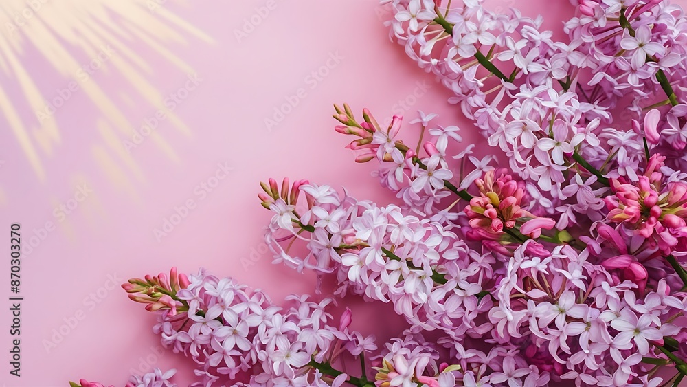 Fototapeta premium Frame with blossom lilac on pink background