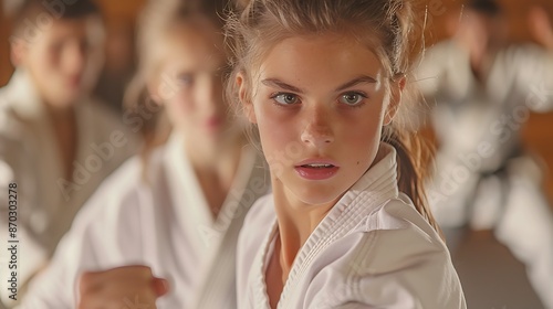 A family practices martial arts together in a bright dojo. Focused expressions and coordinated movements depict discipline and physical activity.