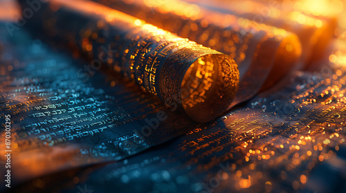 
Close-up of illuminated Torah scrolls