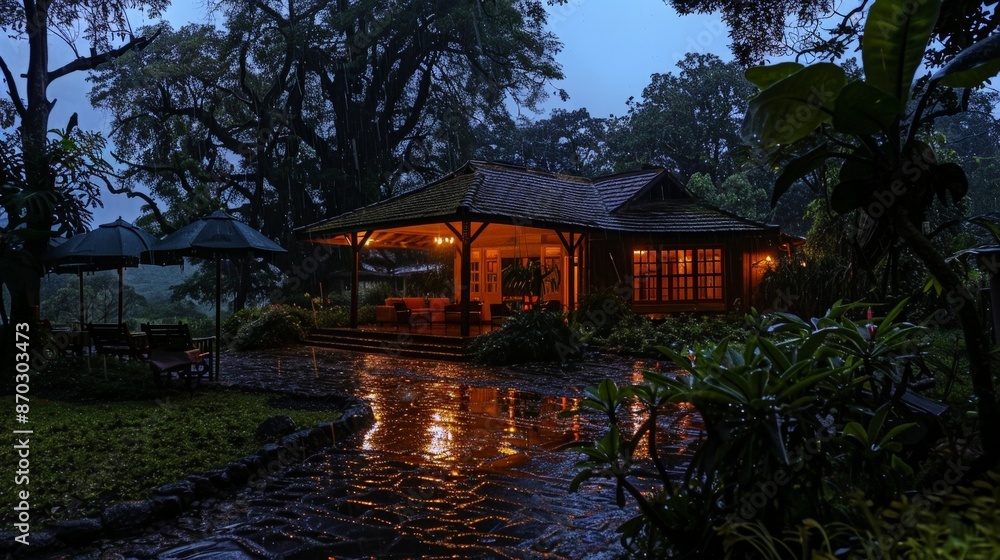 Fototapeta premium The tranquility of a rainy evening, the sound of droplets on the roof and the smell of wet earth, provides the perfect setting for quiet contemplation.
