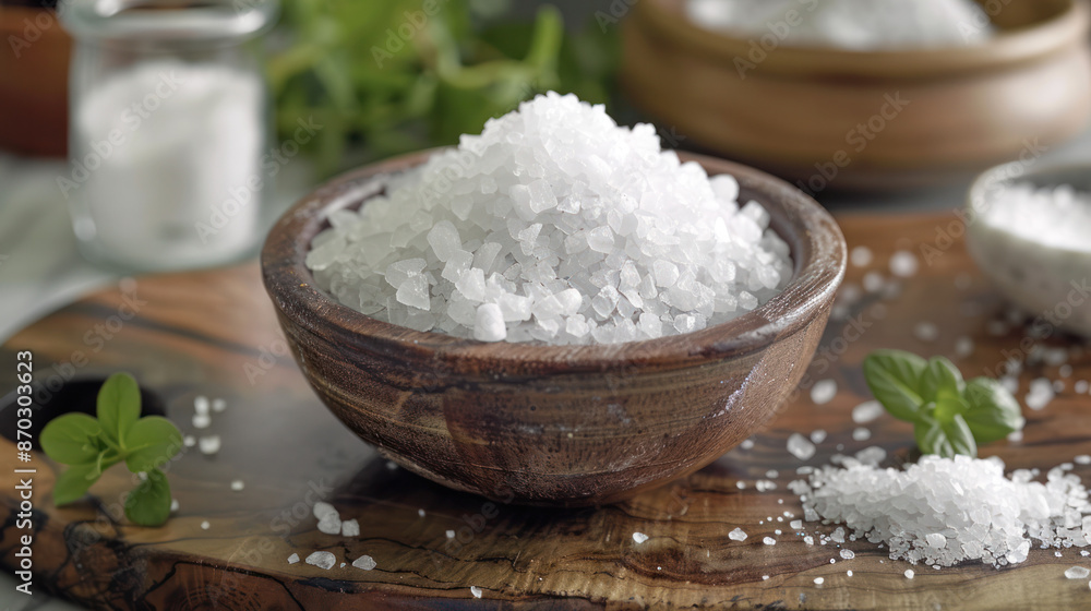 A close-up shot of coarse salt in a brown wooden bowl, sitting on a wooden cutting board with green herbs scattered around A close-up shot of coarse salt in a brown wooden bowl, sitting on a wooden cutting board with green herbs scattered around
