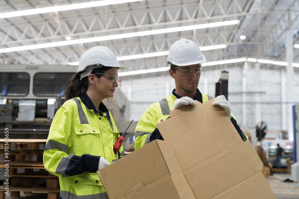 Male and female factory worker inspecting quality of cardboard in corrugated carton boxes in factory Male and female factory worker inspecting quality of cardboard in corrugated carton boxes in factory