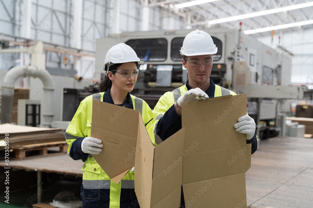 Male and female factory worker inspecting quality of cardboard in corrugated carton boxes in factory Male and female factory worker inspecting quality of cardboard in corrugated carton boxes in factory