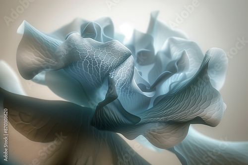 close-up of a delicate white flower with translucent soft petals and intricate details on a light background