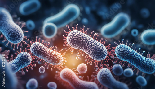 体内で動き回るいろいろな種類の細菌群の顕微鏡イメージ photo