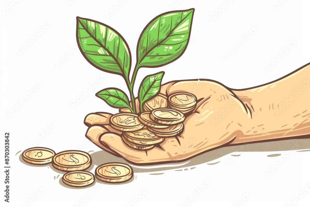 Sustainable growth concept illustrated by hands nurturing a plant from coins symbolizing eco friendly investments Sustainable growth concept illustrated by hands nurturing a plant from coins symbolizing eco friendly investments