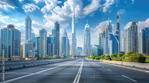 Downtown cityscape with road and modern skyscrapers in foreground