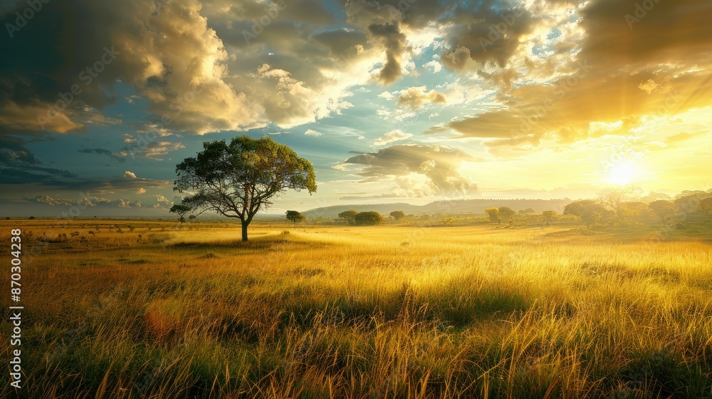 Obraz premium Golden autumn sunlight over the lush green savanna field