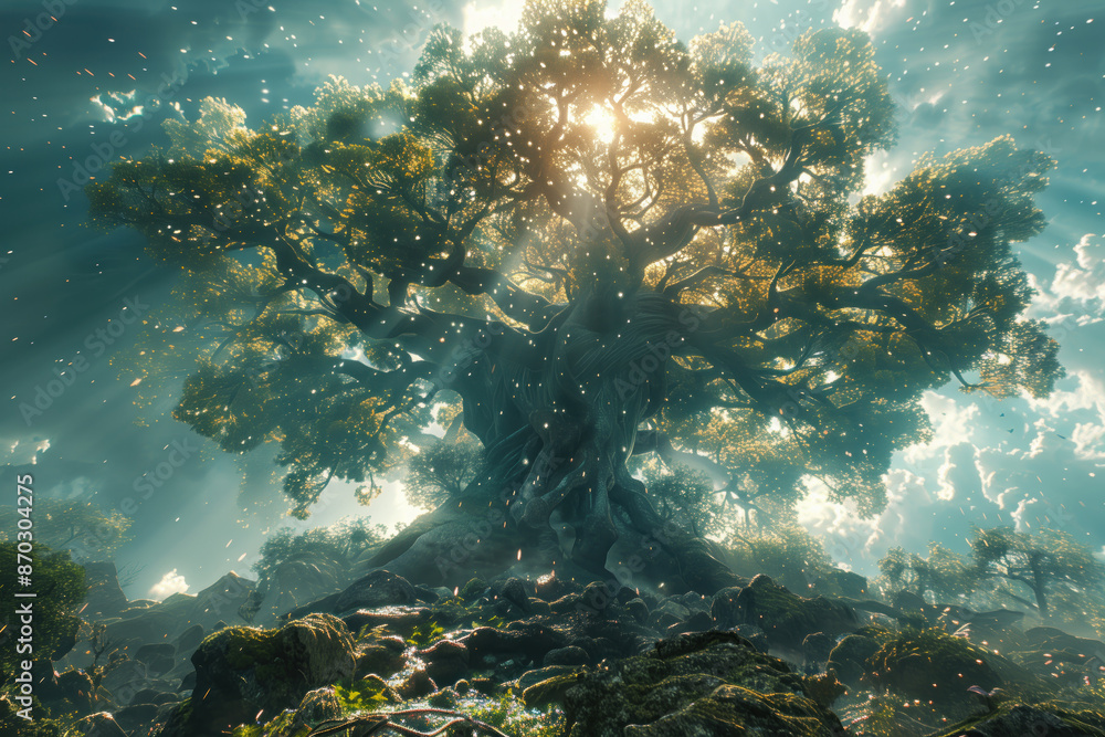 Fototapeta premium large old tree at top of hill in mid day