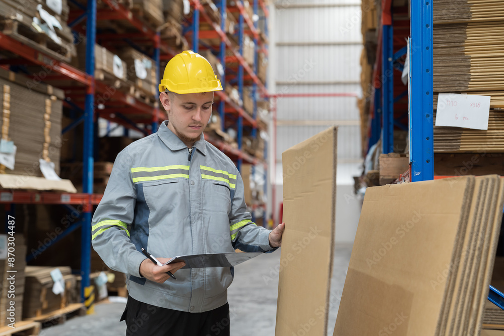 Male warehouse worker checking inventory in warehouse Male warehouse worker checking inventory in warehouse