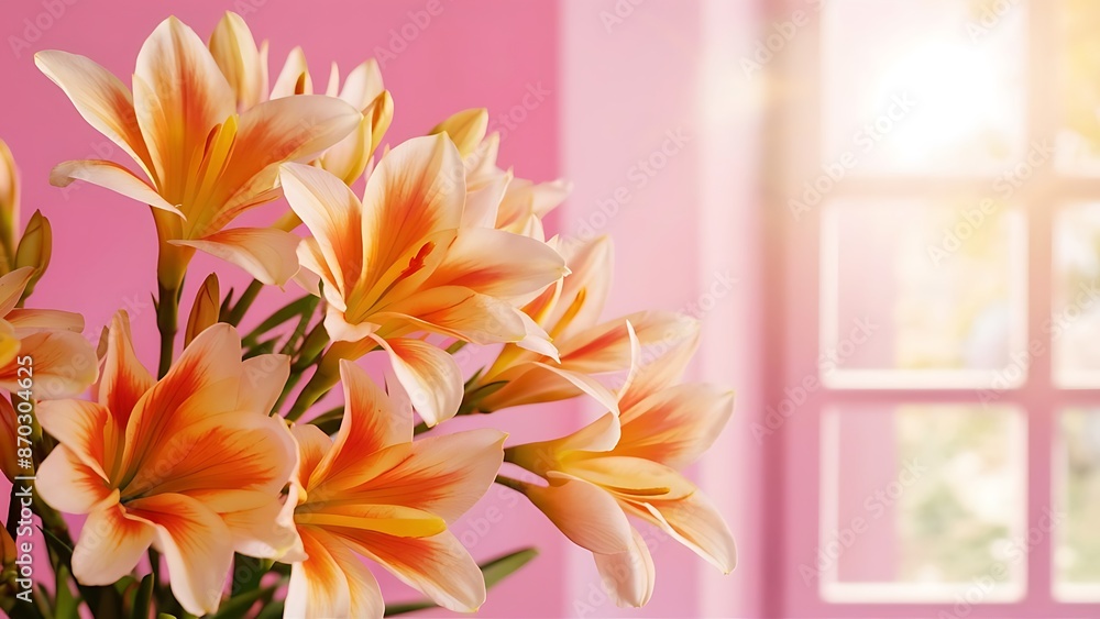 Fototapeta premium Alstroemeria flowers on pink background in sunlight