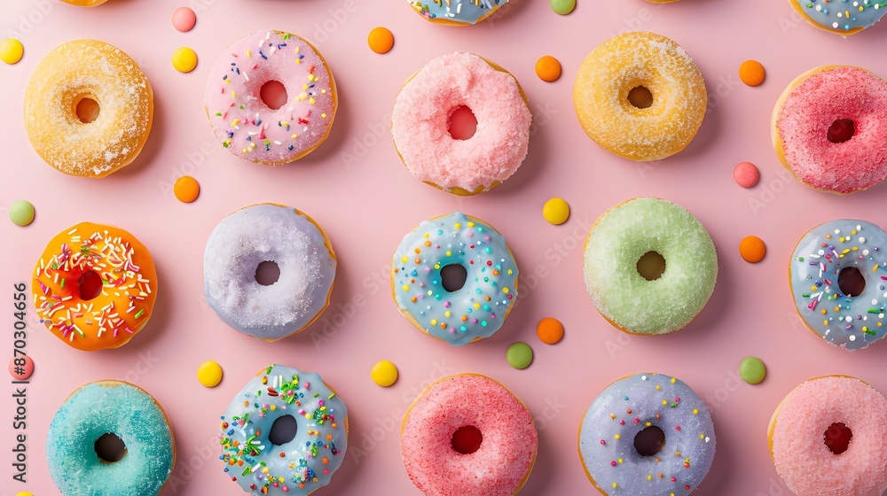Donuts with sprinkles on pink background. Sugar, calories, homemade sweets concept. Donuts with sprinkles on pink background. Sugar, calories, homemade sweets concept.