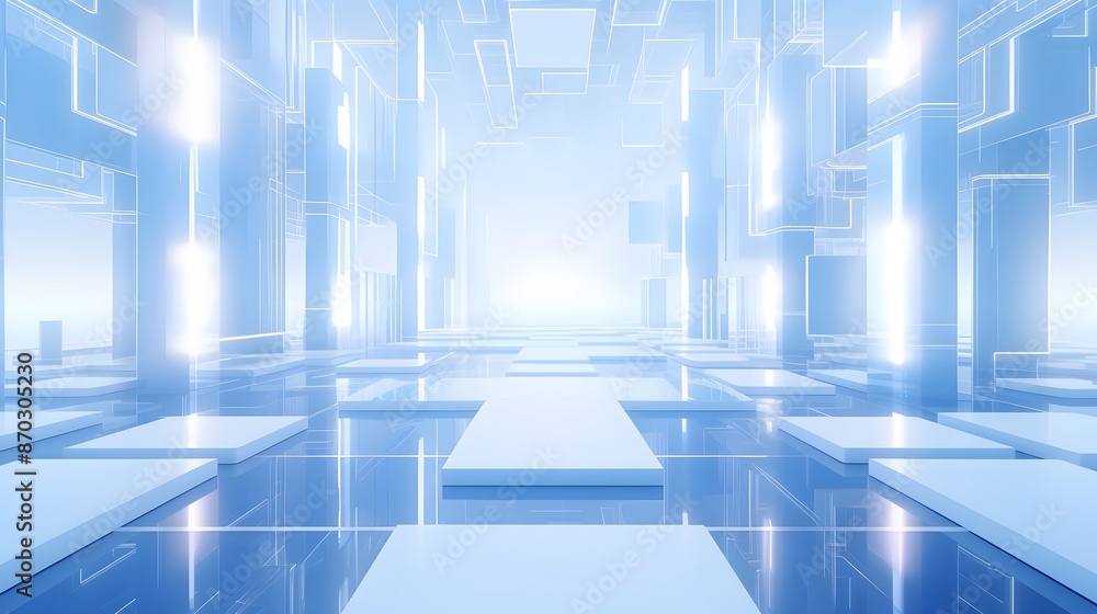 3d rendering of white and blue abstract geometric background. Scene for advertising, technology, showcase, banner, game, sport, cosmetic, business, metaverse. Sci-Fi Illustration. Product display