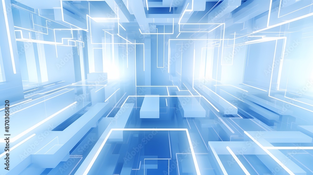 Obraz premium 3d rendering of white and blue abstract geometric background. Scene for advertising, technology, showcase, banner, game, sport, cosmetic, business, metaverse. Sci-Fi Illustration. Product display