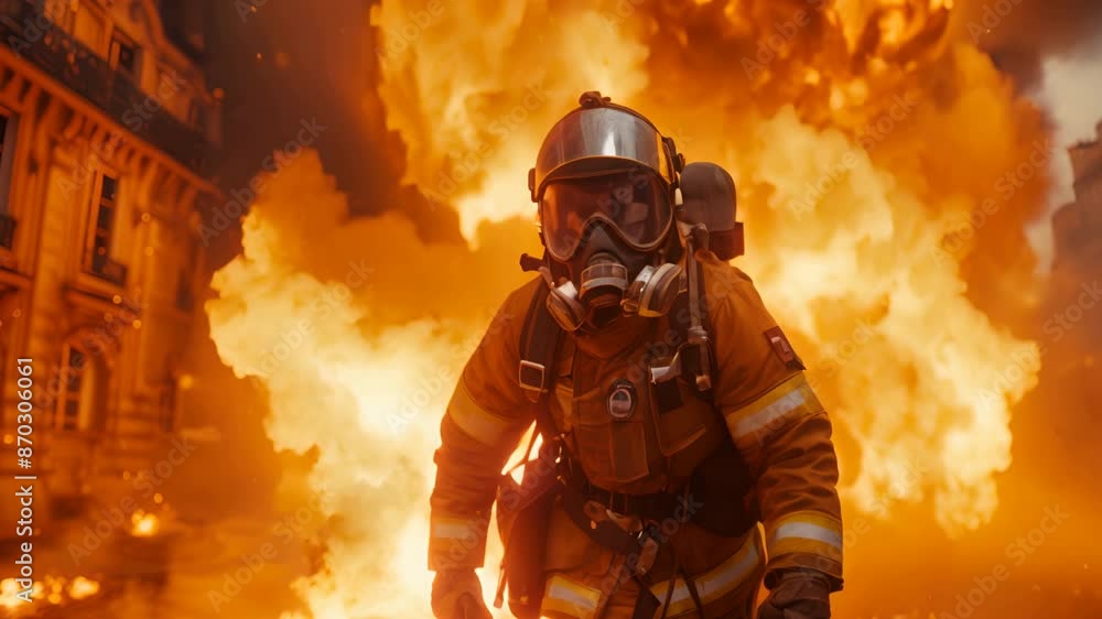 Firefighters escape from burning building Comes with a large gas mask. Firefighters escape from burning building Comes with a large gas mask.