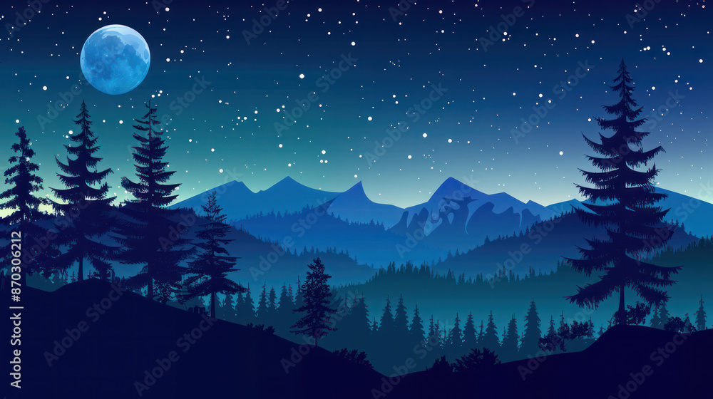 a nighttime mountain landscape with silhouette pines and a full moon a nighttime mountain landscape with silhouette pines and a full moon