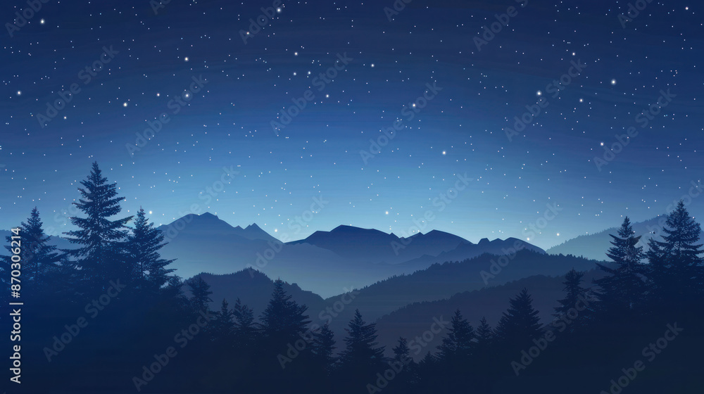 Naklejka premium nighttime mountain range and pine trees silhouetted against a starry sky