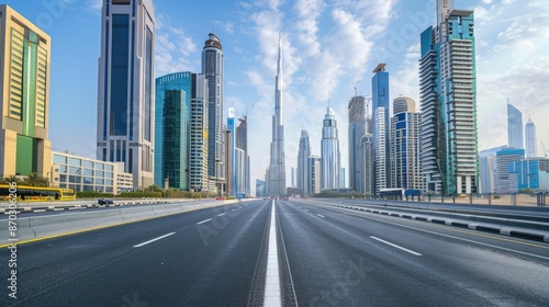 Road winding through modern city skyline with tall buildings