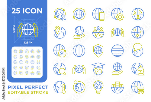 Globe two color line icons set. World map. Save Earth. Planet friendly. Worldwide process. Geopolitics management bicolor outline iconset isolated. Duotone pictograms thin linear. Editable stroke