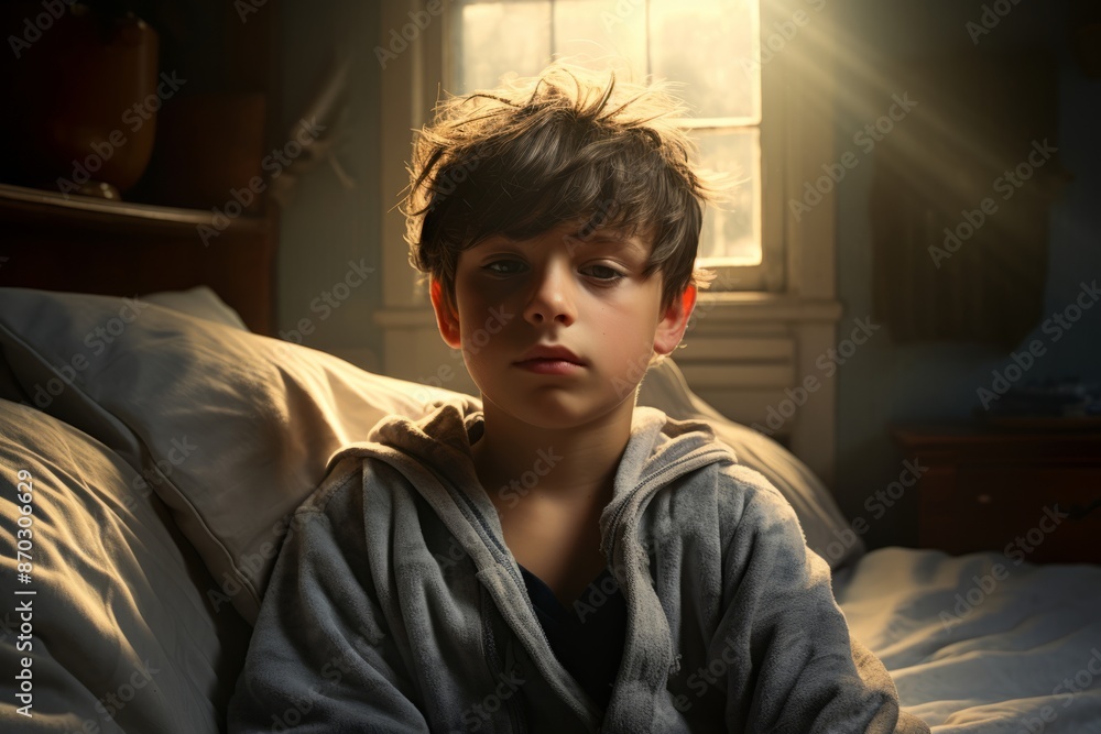 Young boy sitting on bed in dimly lit room with sunlight Young boy sitting on bed in dimly lit room with sunlight