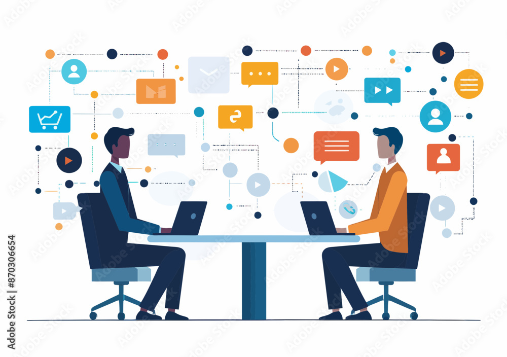 Digital Communication and Social Network Concept with Two Professionals Working on Laptops, Business Connections and Online Interaction, Modern Flat Vector Illustration Digital Communication and Social Network Concept with Two Professionals Working on Laptops, Business Connections and Online Interaction, Modern Flat Vector Illustration