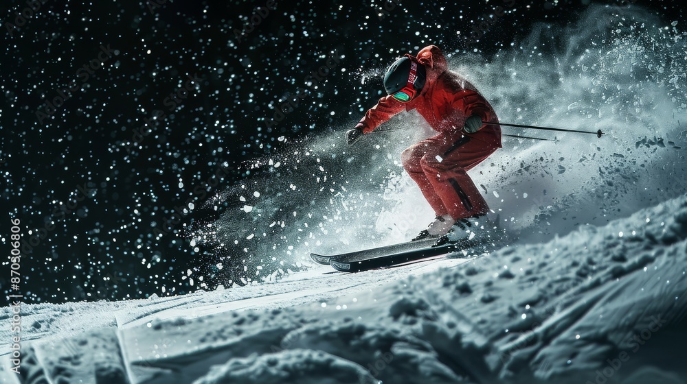 Naklejka premium Skier in mountains, prepared piste and sunny day