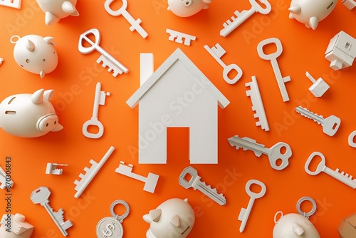 A house-shaped piggy bank surrounded by paper cut keys and dollar signs on a vibrant orange background a real estate investment concept