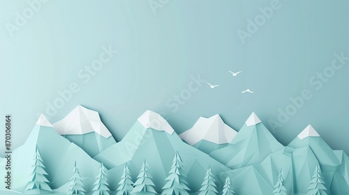 A mountain range with paper cut peaks and trees on a light blue background representing adventure and the great outdoors