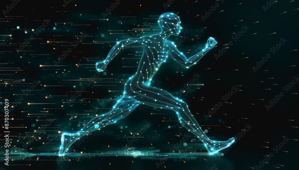 Digital humanoid sprinting in a futuristic, glowing blue lines, dark background Digital humanoid sprinting in a futuristic, glowing blue lines, dark background