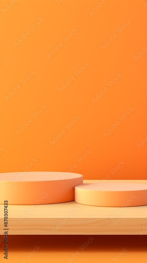 Wooden platform stand for product display and presentation on orange background Wooden platform stand for product display and presentation on orange background