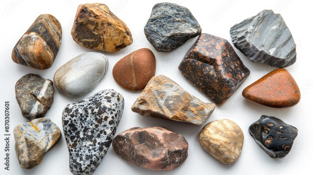 Variety of stones isolated on white background, showcasing different textures Variety of stones isolated on white background, showcasing different textures
