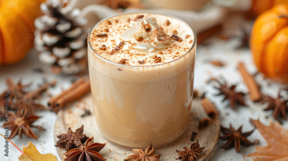 A close-up shot of a pumpkin spice latte with whipped cream and cinnamon, surrounded by fall-themed decorations like pumpkins, pinecones, cinnamon sticks, and star anise A close-up shot of a pumpkin spice latte with whipped cream and cinnamon, surrounded by fall-themed decorations like pumpkins, pinecones, cinnamon sticks, and star anise