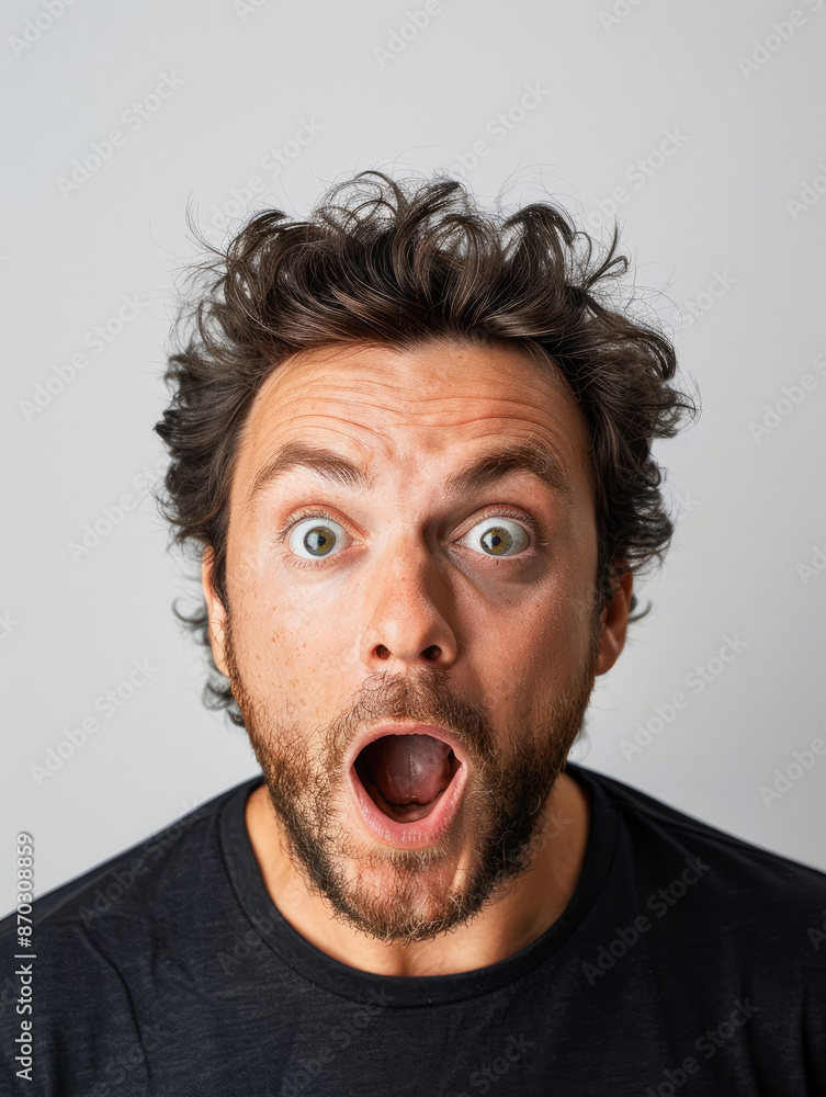 Facial expression of shocked middle aged man funny reacting emotionally with mouth wide open and eyes bulging isolated on white background Facial expression of shocked middle aged man funny reacting emotionally with mouth wide open and eyes bulging isolated on white background