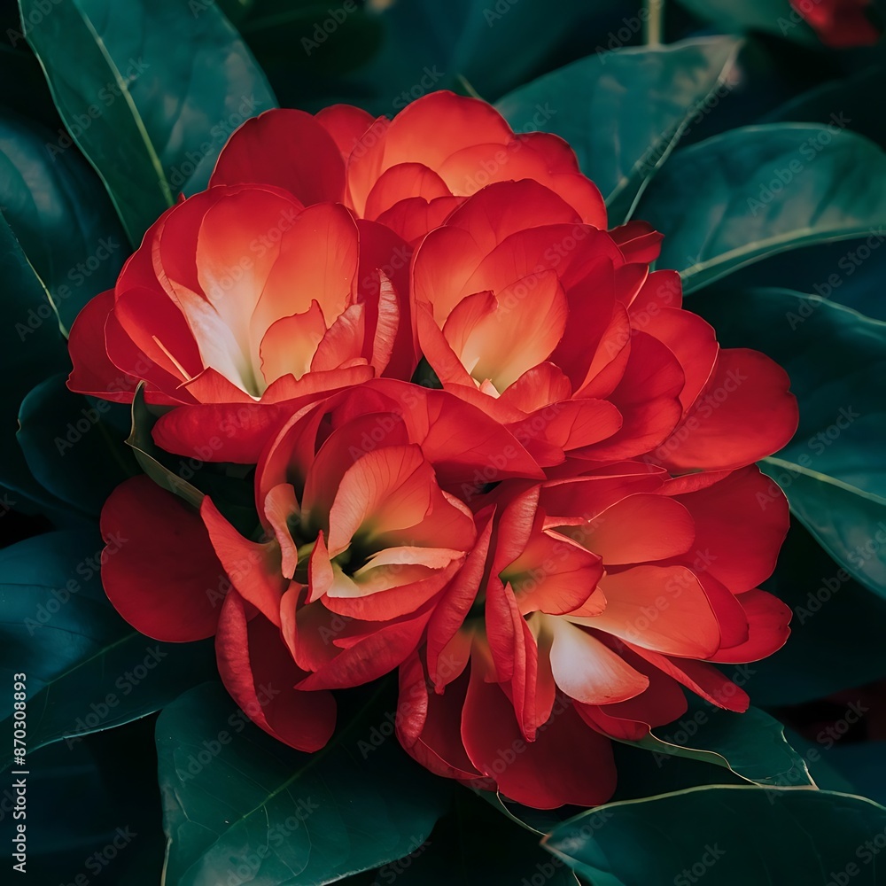 Naklejka premium Red flowers over green leaves background