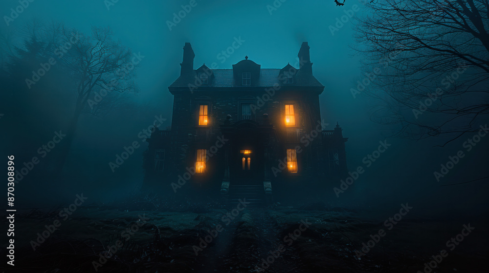 A spooky, old house stands alone in a thick fog on a dark night A spooky, old house stands alone in a thick fog on a dark night