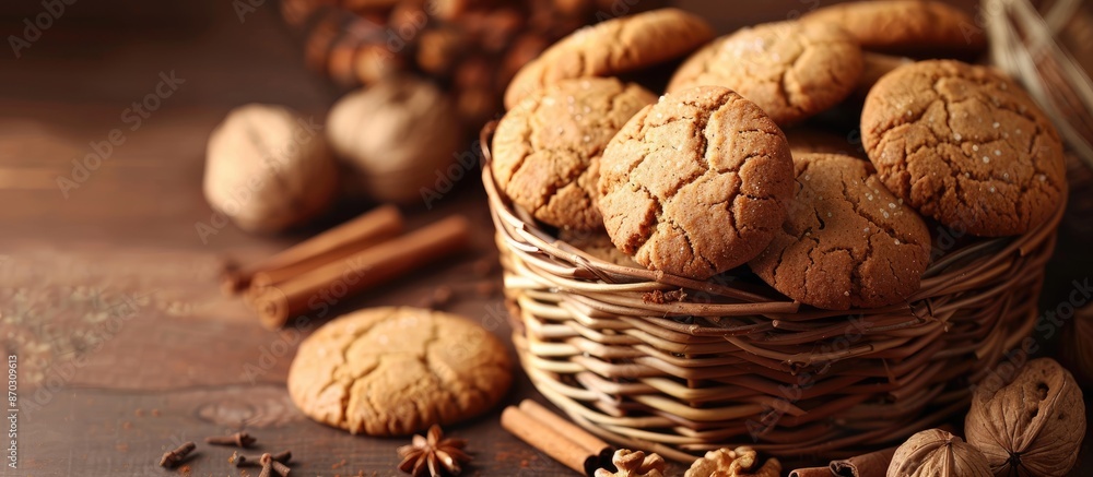 Basket containing ginger cookies, walnuts, and cinnamon on a brown table with selective focus on the objects in a copy space image. Basket containing ginger cookies, walnuts, and cinnamon on a brown table with selective focus on the objects in a copy space image.