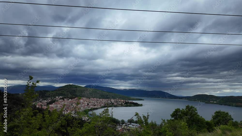 Establish shot Kastoria, Greece, stable hilltop view of city and lake Orestiada Establish shot Kastoria, Greece, stable hilltop view of city and lake Orestiada