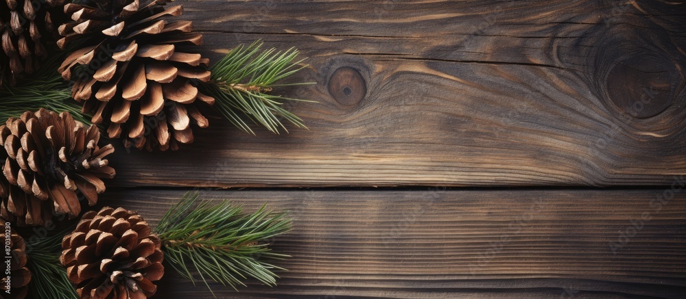 Copy space image of spruce cones resting on a textured wooden background. Copy space image of spruce cones resting on a textured wooden background.