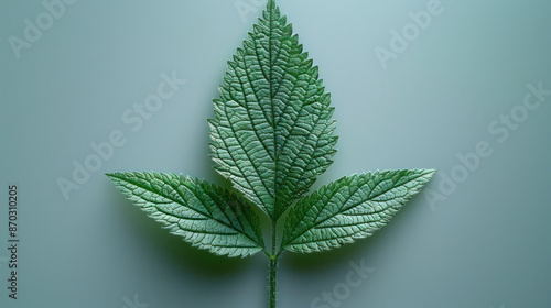 A minimalist image showcasing three green leaves arranged symmetrically on a white background