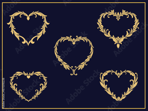 Golden heart frames engraving baroque ornaments collection. 