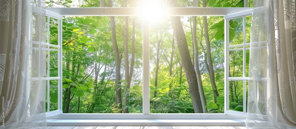 opened white plastic window at windowsill and lacy curtains against green trees under bright sunlight on summer day. with copy space image. Place for adding text or design opened white plastic window at windowsill and lacy curtains against green trees under bright sunlight on summer day. with copy space image. Place for adding text or design