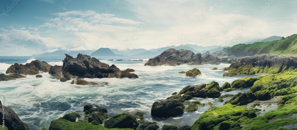 Scenic ocean view with waves hitting mossy rocks, displaying the serene beauty with ample copy space image in a panoramic setting. Scenic ocean view with waves hitting mossy rocks, displaying the serene beauty with ample copy space image in a panoramic setting.
