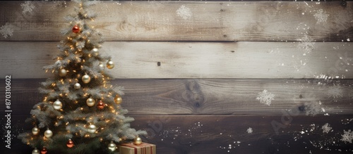 Decorated Christmas tree against a rustic background with copy space image.