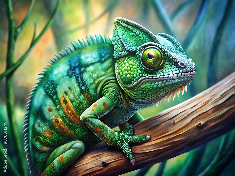 Vibrant green chameleon perches on a worn wooden branch, its scaly skin blending with the surrounding foliage, showcasing its impressive camouflage abilities. Vibrant green chameleon perches on a worn wooden branch, its scaly skin blending with the surrounding foliage, showcasing its impressive camouflage abilities.