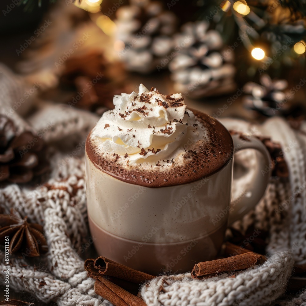 Creamy hot chocolate in a cozy setting with whipped cream melting on top. Creamy hot chocolate in a cozy setting with whipped cream melting on top.