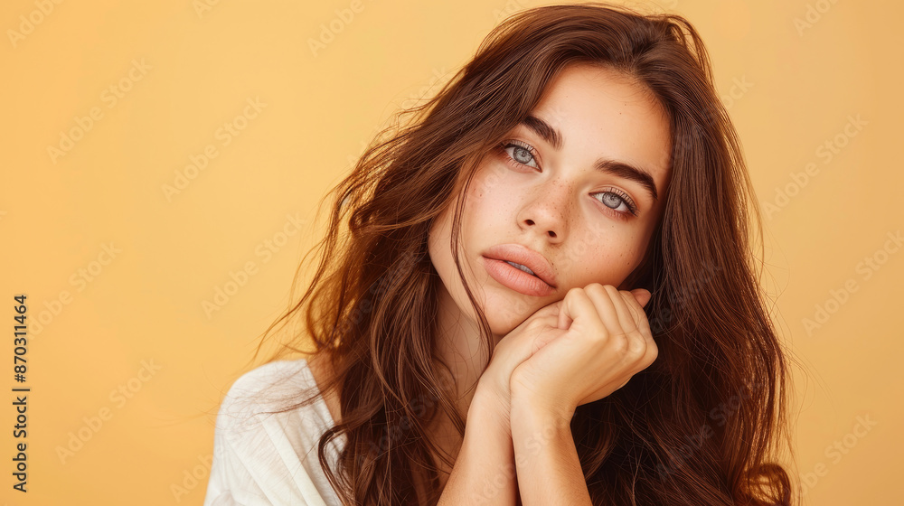 pensive thinking expression and posing of beautiful long-haired caucasian woman model in casual clothes isolated on pastel beige background pensive thinking expression and posing of beautiful long-haired caucasian woman model in casual clothes isolated on pastel beige background