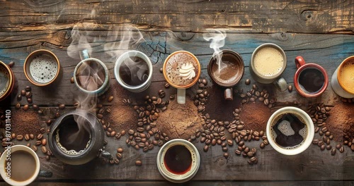 Design a captivating copy space background for International Coffee Day, showcasing steaming coffee cups and coffee beans arranged artistically on a rustic wooden table