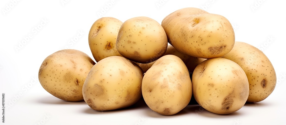 Raw, unpeeled potato tubers displayed on a blank white background with copy space image available. Raw, unpeeled potato tubers displayed on a blank white background with copy space image available.