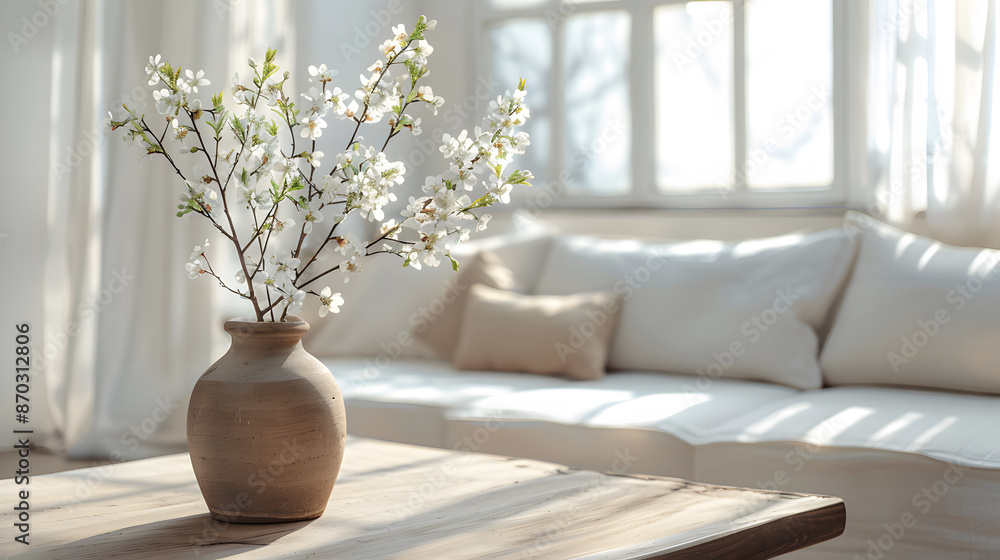 Vase with Blossom Twig on Wooden Coffee Table Vase with Blossom Twig on Wooden Coffee Table