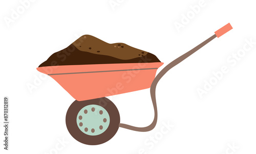 Gardening wheelbarrow full of soil for farming work flat vector illustration. Agriculture push cart with handle and wheels for load and carry earth plant growing cultivation. Horticulture trolley
